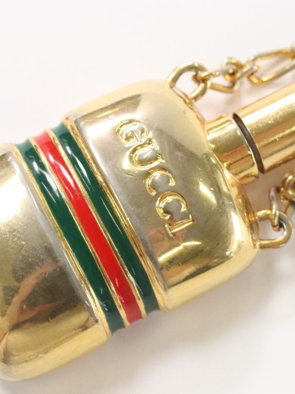 Vintage Gucci Gold-Tone Perfume Bottle Necklace with Green and Red Stripes - Picture 2 of 8